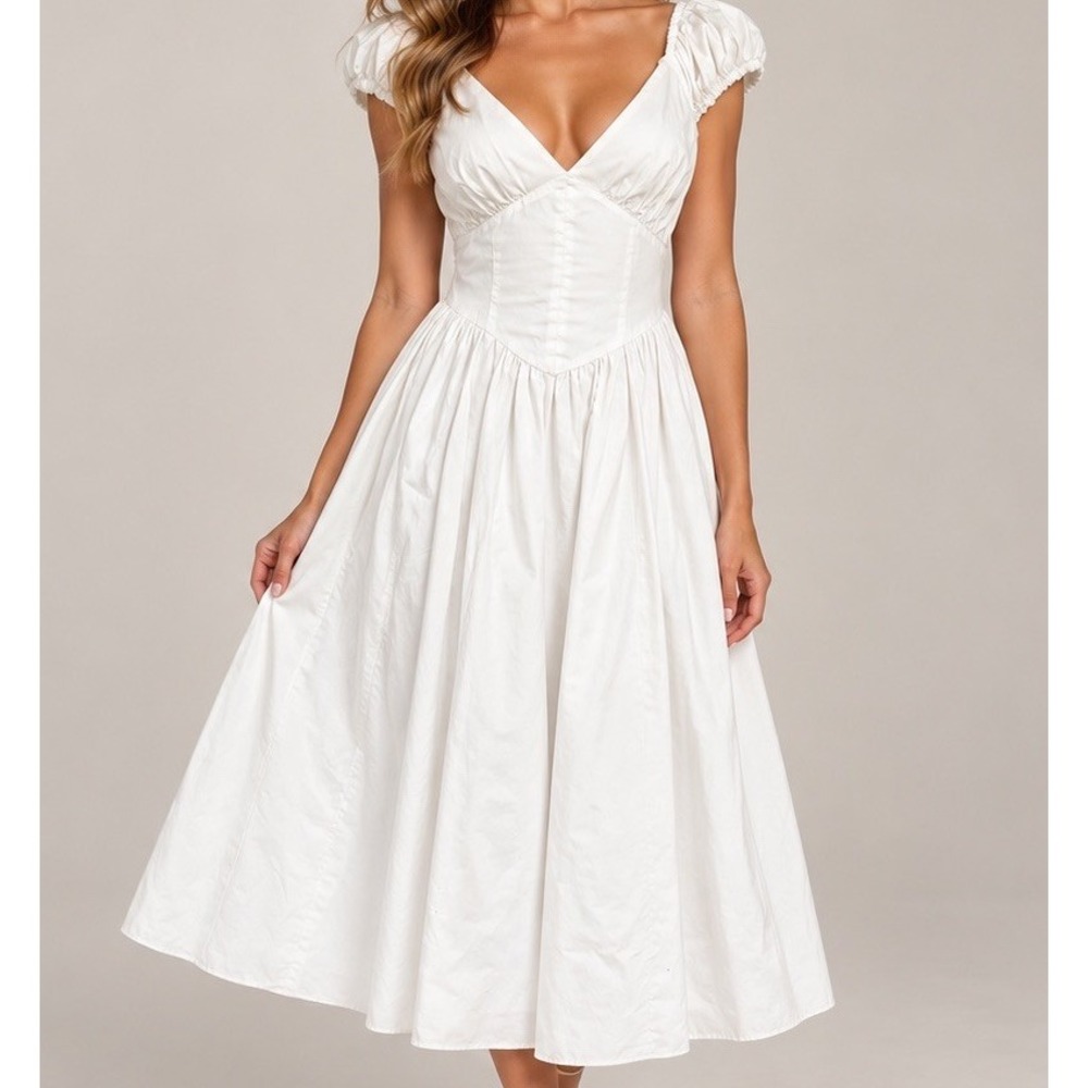Abercrombie & Fitch Bra-Free Dipped Waist Midi Dress M White Cap Sleeve